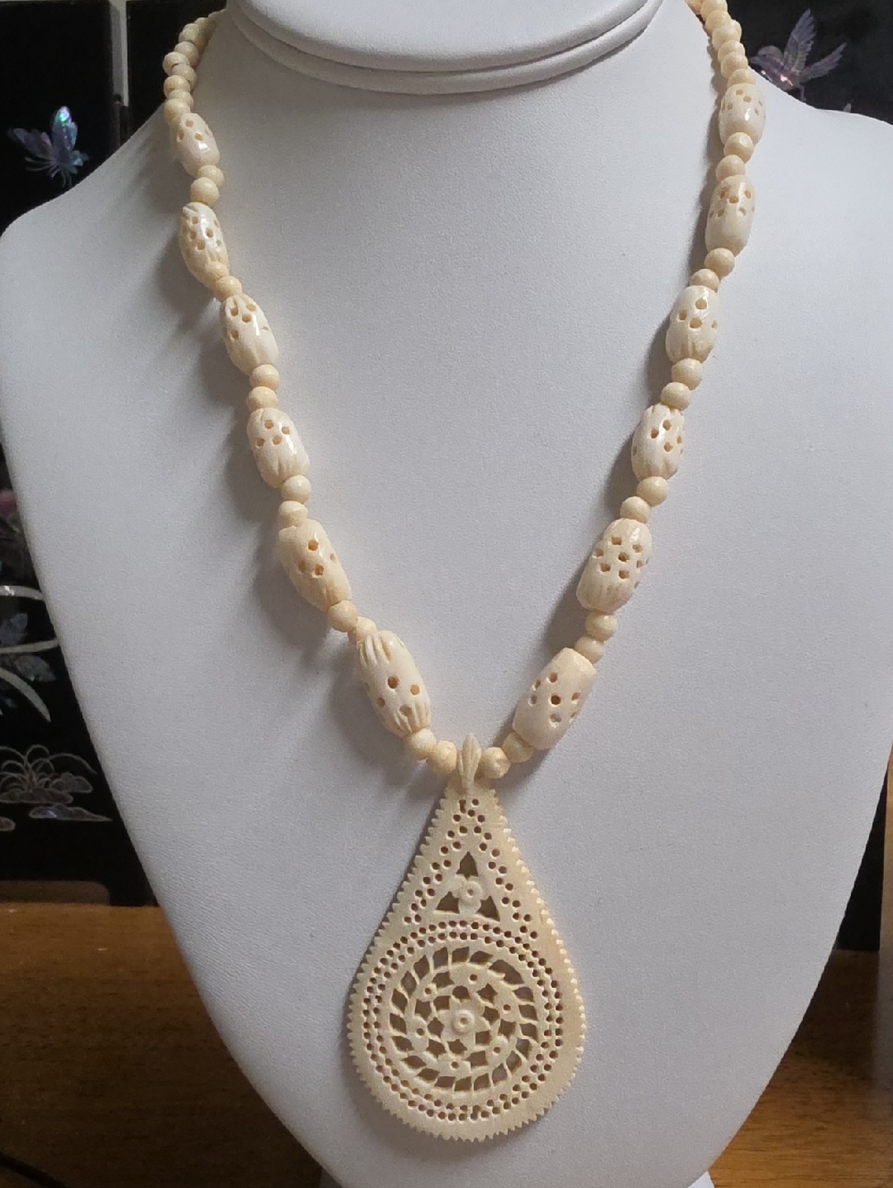 Vintage Carved Bone  Teardrop Pendant Necklace